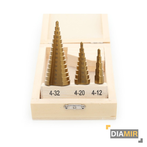 WIERTŁA stożkowe STOPNIOWE 4 mm- 32 mm 3 szt. ZESTAW WALIZKA
