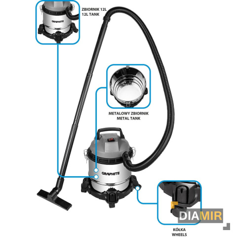 ODKURZACZ PRZEMYSŁOWY 800 W 12 L warsztatowy do garażu domu GRAPHITE HIT