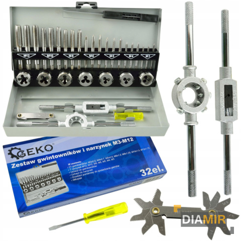 KOMPLET 32 szt. GWINTOWNIKI I NARZYNKI M3-M12 GEKO