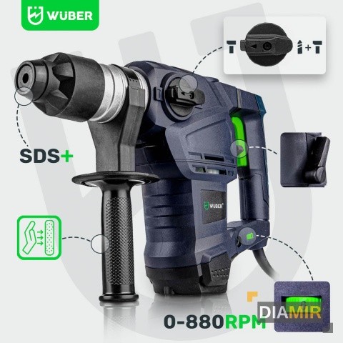 MŁOT UDAROWY MŁOTOWIERTARKA 3 TRYBY 230V 1500W WIERTARKA SDS+ WALIZKA WUBER