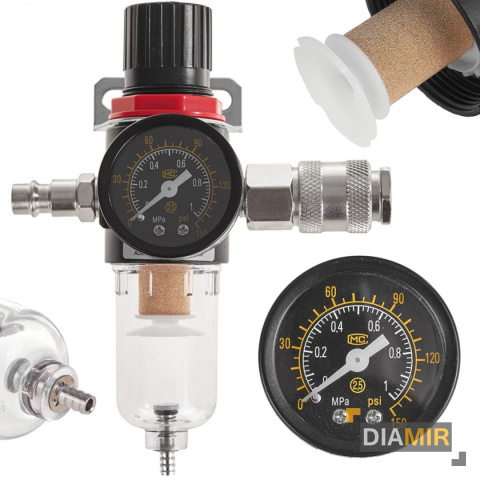 ODWADNIACZ REDUKTOR CIŚNIENIA FILTR POWIETRZA 1/4'' + MANOMETR