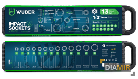 ZESTAW NASADEK UDAROWYCH 13 SZT. 1/2" 6-KĄTNE DŁUGIE NASADKI 10-32MM WUBER