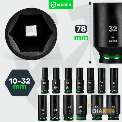 ZESTAW NASADEK UDAROWYCH 13 SZT. 1/2" 6-KĄTNE DŁUGIE NASADKI 10-32MM WUBER