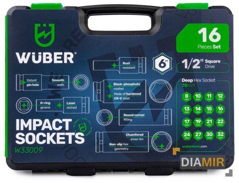 ZESTAW NASADEK UDAROWYCH 16 SZT. 1/2" 6-KĄTNE NASADKI DŁUGIE 8-32MM WUBER