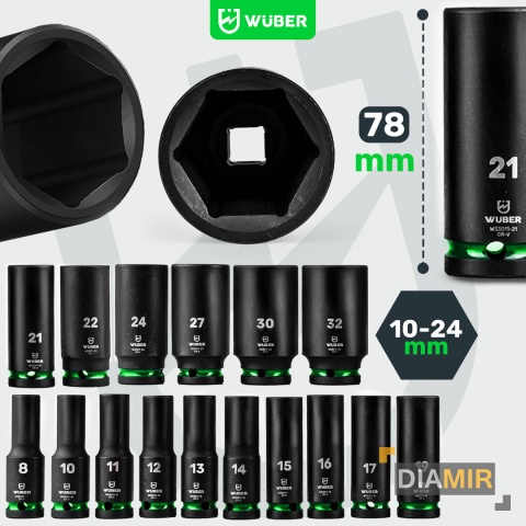 ZESTAW NASADEK UDAROWYCH 16 SZT. 1/2" 6-KĄTNE NASADKI DŁUGIE 8-32MM WUBER