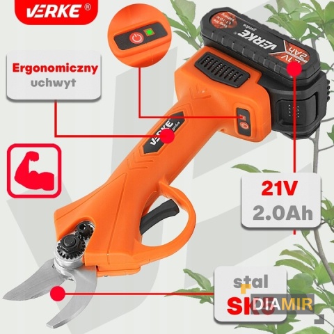 NOŻYCE ELEKTRYCZNE SEKATOR AKUMULATOROWY 21V, 2 x 2,0Ah 25 cm