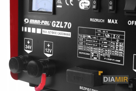 Prostownik samochodowy GZL-70 FAST CHARGE + ROZRUCH 200A 12V 24V