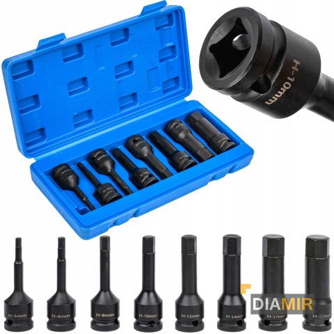 Zestaw 8szt. KLUCZE UDAROWE imbusowe nasadki HEX H5 - H19 CR-MO