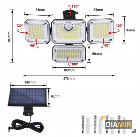 LAMPA SOLARNA Z CZUJNIKIEM RUCHU ZMIERZCHU 4 STRONY ZEWNĘTRZNA HALOGEN NA ŚCIANĘ LED