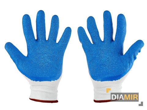 RĘKAWICE OCHRONNE ROBOCZE poliestrowe r. 10 latex biało-niebieskie