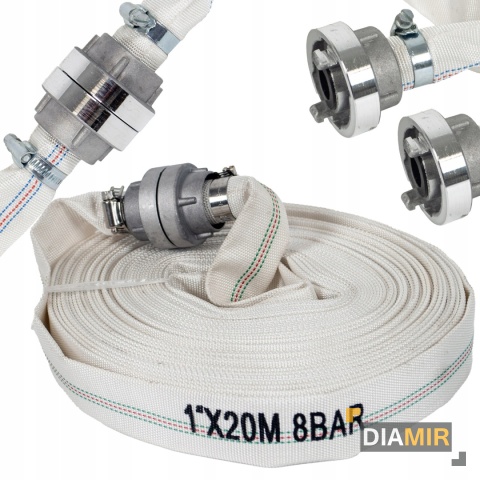 WĄŻ do wody STRAŻACKI gumowany 1" 20m biały ze złączkami zarobiony