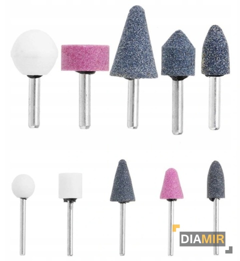 ZESTAW 10 szt. KAMIENIE SZLIFIERSKIE TRZPIENIOWE DO WIERTARKI ŚCIERNICE