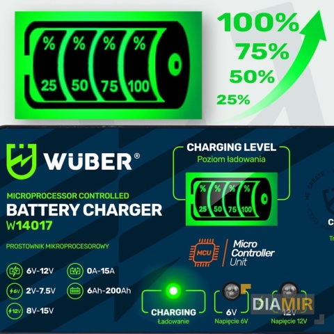 PROSTOWNIK MIKROPROCESOROWY 6-12 V 15 A ŁADOWARKA DO AKUMULATORA WUBER