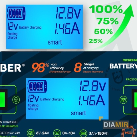 PROSTOWNIK MIKROPROCESOROWY 6/8/12/14/16/24V ŁADOWARKA AKUMULATOROWA 10A