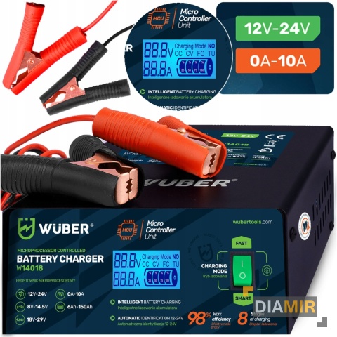 PROSTOWNIK AKUMULATOROWY 10A SAMOCHODOWY 6-150AH DO ŁADOWANIA 12V 24V WUBER