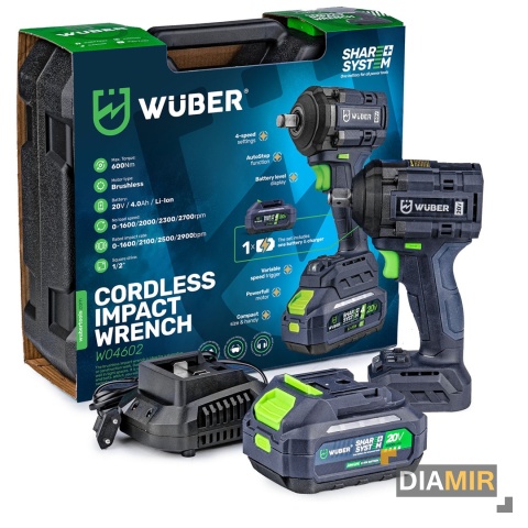 KLUCZ UDAROWY AKUMULATOROWY ZESTAW + AKU 4 AH 600 Nm BEZSZCZOTKOWY WUBER