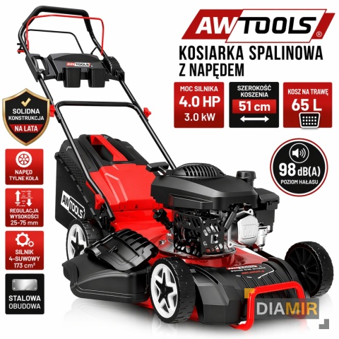 BiałystokKOSIARKA SPALINOWA Z NAPĘDEM 4KM 51cm 173cc DUŻY KOSZ 65L STALOWA AWTOOLS