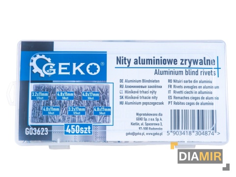 NITY ZRYWALNE ALUMINIOWE ZESTAW NITÓW 450 SZT. ORGANIZER MIX ROZMIARÓW