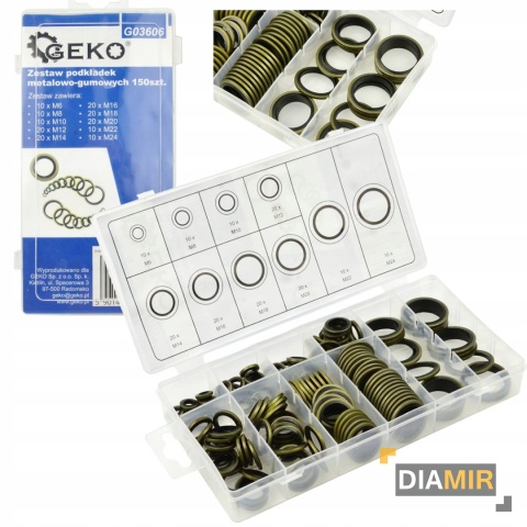 ZESTAW PODKŁADEK METALOWO GUMOWYCH PODKŁADKI METAL GUMA M6-M24 150 ELEMENT
