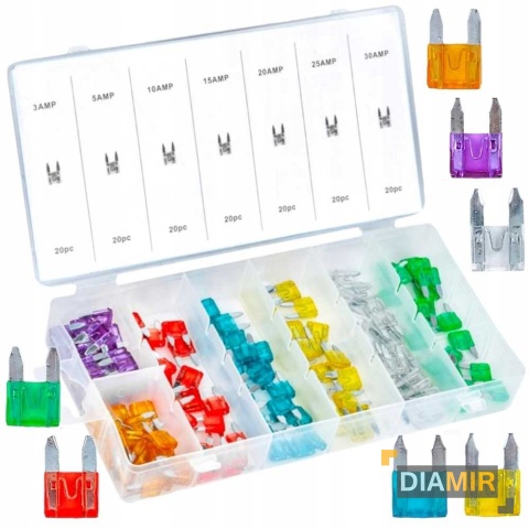 BEZPIECZNIKI SAMOCHODOWE MINI 3A-30A ZESTAW BEZPIECZNIKÓW 140szt ORGANIZER