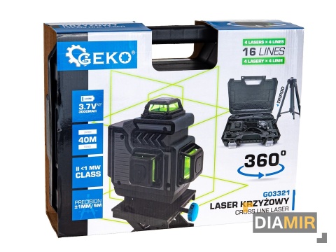 POZIOMICA LASEROWA 4D 16 LINII STATYW WALIZKA 360° 2xAKU 3Ah LASER KRZYŻOWY