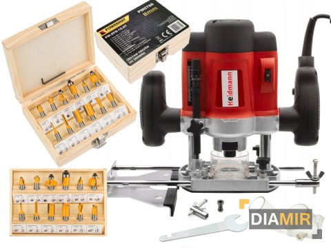 FREZARKA GÓRNOWRZECIONOWA 2000W 6/8mm 52mm + FREZY DO DREWNA 12el. 8mm do frezarki WALIZKA